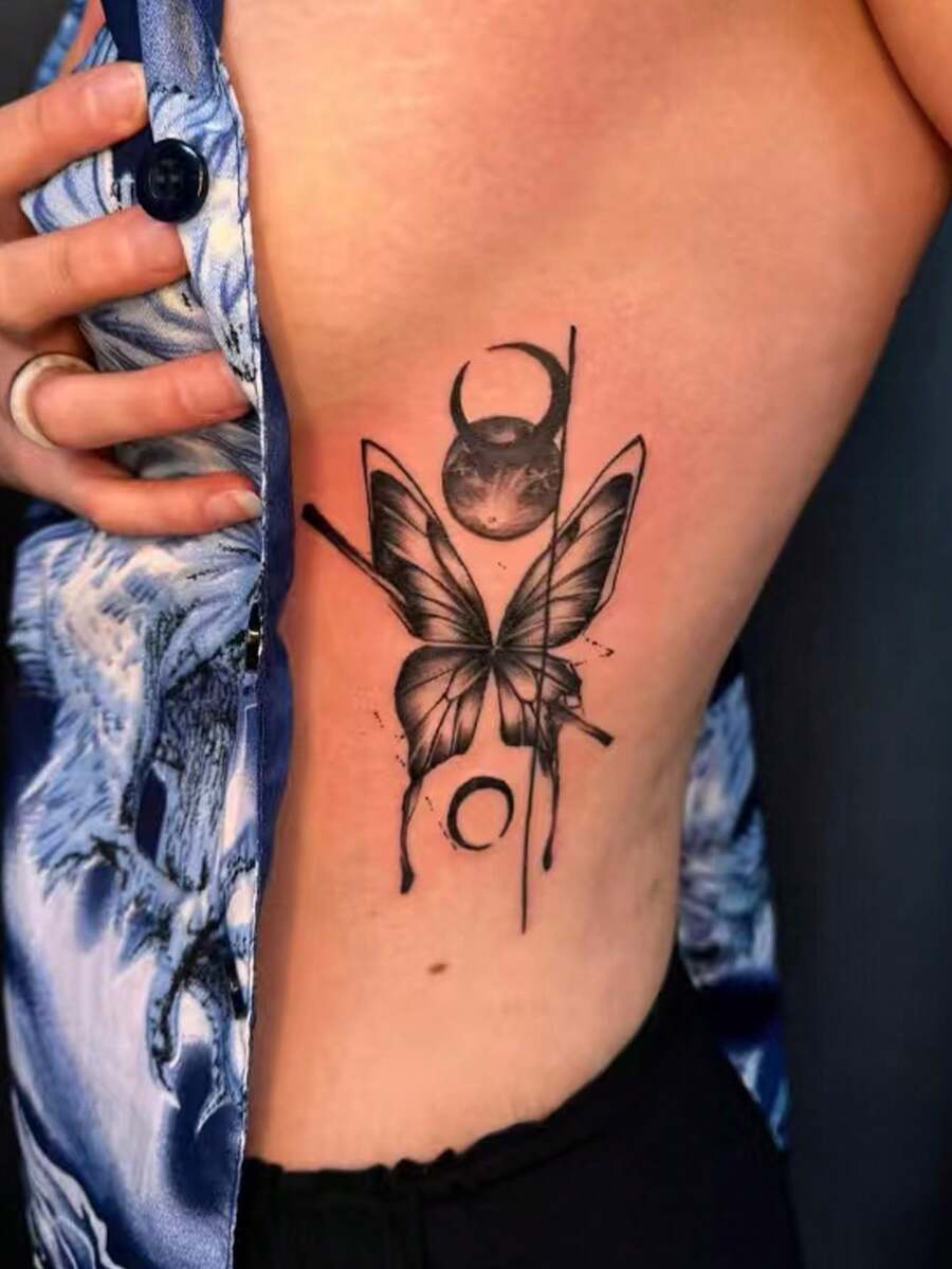 1 片可水洗临时纹身贴纸，PVC 材质，蝴蝶月亮泡泡图案，时尚临时纹身，适合人群 - 黑色 - 查看 1