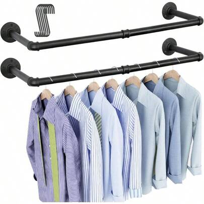 Industrial Pipe Clothes Rack Wall Mounted Set Of 2, 38.4 Inches Heavy Duty Iron Pipe Clothing Garment Rail, Multi - Purpose Clothing Hanging Rod Laundry Room And Closet Storage