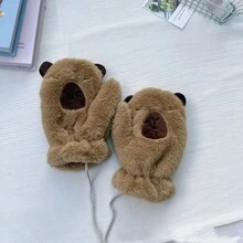Guantes de peluche de dibujo animado de kapibara lindos, guantes de invierno cálidos para mujeres, guantes y bufandas resistentes al viento y al frío - Marrón - Ver 12
