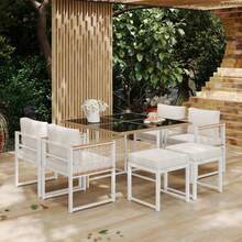 7-Piece Outdoor Table And Chair Set For 6 People, Tempered Glass Table With PE Rattan Coating, Acacia Wood Top Rail, Ideal For Meals In The Backyard Or Garden. - 白色 - 查看 3