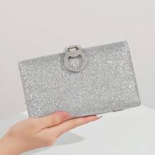 1 pezzo Borsa elegante da sera da donna con chiusura in metallo rotonda impreziosita da strass e diamanti, Borsetta compatta di forma quadrata con paillettes, adatta per cocktail festa, matrimoni e balli