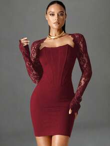 情人节女士时尚迷你紧身连衣裙露背秋冬长袖蕾丝连衣裙红色优雅婚礼晚宴鸡尾酒会礼服性感服装 - 紅色 - 查看 3