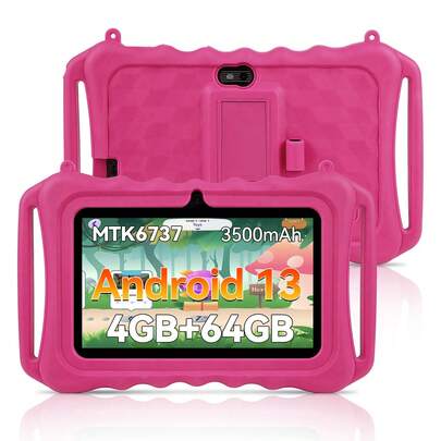 Qetupa Q8 Dual Handgrip Children's Tablet, 7-Inch Kids Tablet, Android 13/MTK6737 Quad-Core 1.3GHz/4GB RAM 64GB Storage/2.4G WiFi/Bluetooth/1024x600 IPS Display/GMS Services/Parental Control/3500mAh Battery/2MP+5MP Camera, With Shockproof Protective Case, For Education & Gaming (Adapter Not Included)