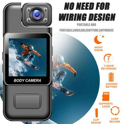 1 Camera đeo được, Chất lượng độ nét cao 1080P, Ống kính xoay 180°, Màn hình LCD và chức năng nhìn ban đêm, Camera đeo người di động sạc USB, Thích hợp cho giám sát an ninh, thể thao và sử dụng hàng ngày - Tự động lấy nét, Pin 1000mAh (Không bao gồm thẻ SD)