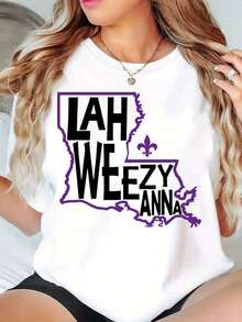 Women Round Neck T Shirt Lah Weezy Anna Louisiana State Outline With Fleur De Lis Print Casual Everyday Wear For Summer And Fall 220g - trắng - Xem 1