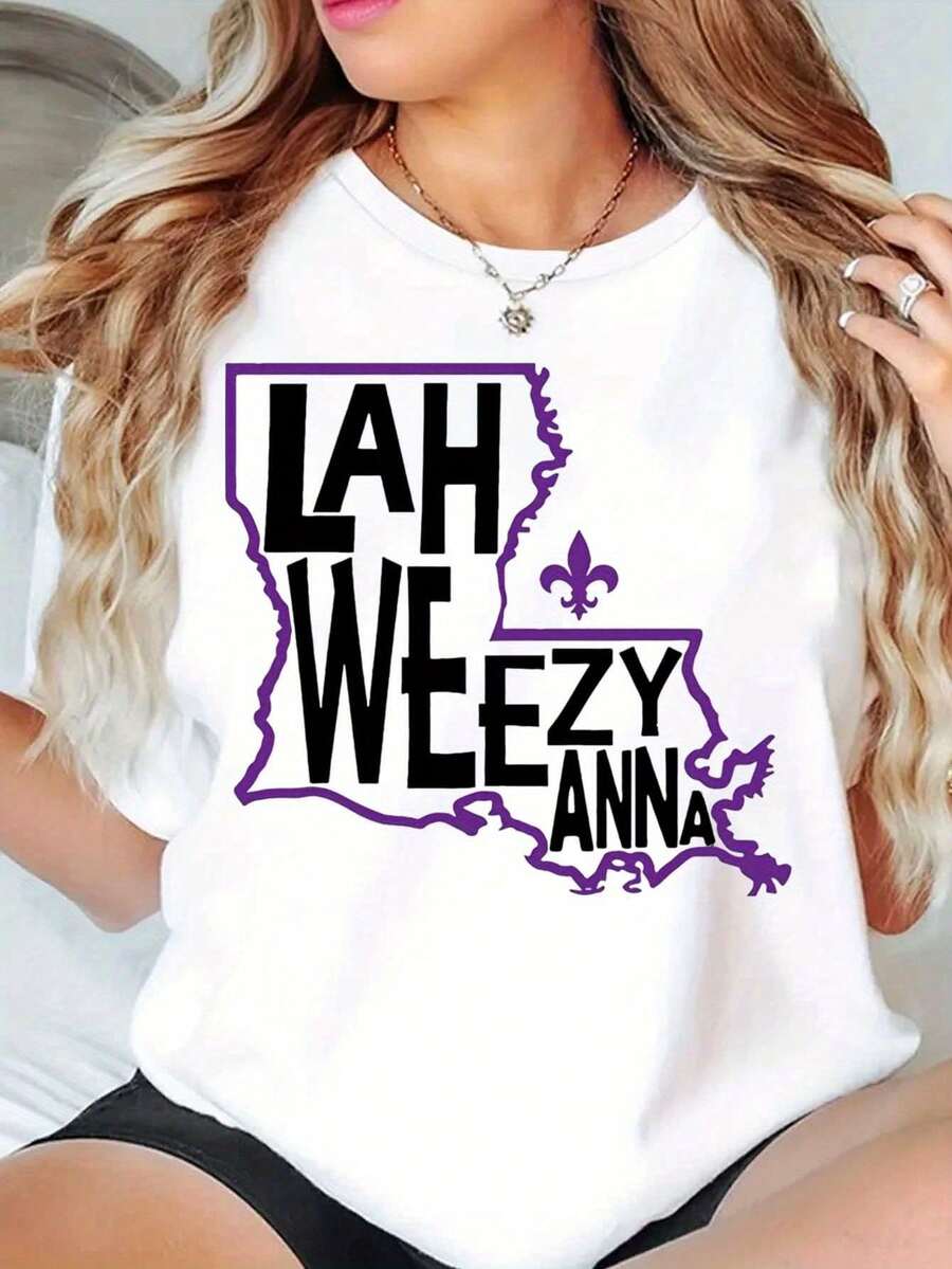 Women Round Neck T Shirt Lah Weezy Anna Louisiana State Outline With Fleur De Lis Print Casual Everyday Wear For Summer And Fall 220g - trắng - Xem 1