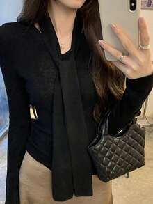 Korean Style Wrap Neck Ribbon V-Neck Wool Knit Sweater, New Slim Fit French Layering Top - Black - View 2