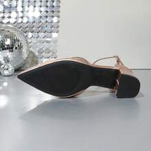 Tacchi alti con punta affusolata e tacco largo, scarpe con design a fiocco in rete color oro champagne con strass, versatili per feste e appuntamenti, con design traforato - Champagne - Visualizzare 7