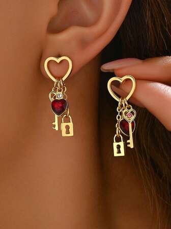 一对简约别致的心形耳环，镶嵌水钻的独特耳钉，时尚高端耳环，适合女性日常及节日佩戴