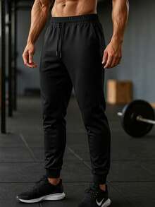 男士休闲抽绳裤，薄款弹力运动舒适透气时尚运动裤，秋冬 - 黑色 - 查看 1