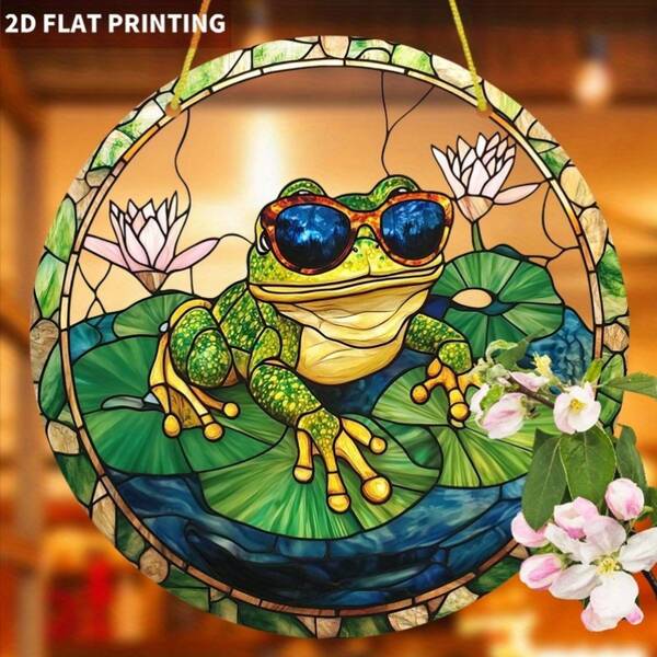 2D Flat, 7.87inch Piece Stained Glass Style Frog Window Hanging Decoration - Green Frog With Water Lily Leaves And Blue, Green, Gold Lotus - Acrylic Light Catcher, Suitable For Home, Garden, Christmas, New Home Gifts - Indoor/Outdoor Decoration - Easy To Hang With Ring - Spring Theme Party Decoration - Frog Enthusiast Gift - Round Bohemian Style Wall Or Window Art - Brightly Painted Acrylic Pattern Designed For Home, 2D Flat