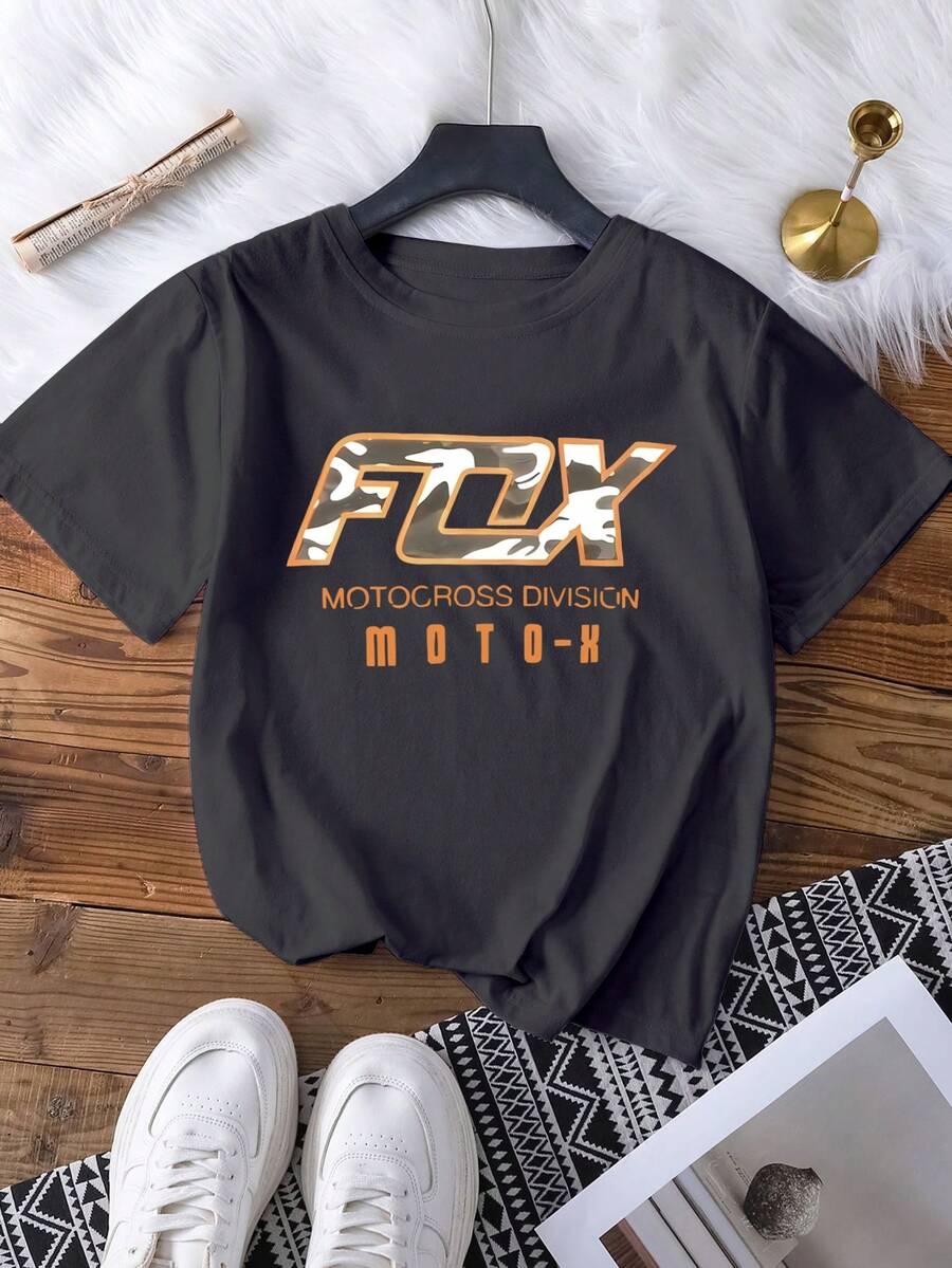 Camiseta de manga corta con cuello redondo, casual, con estampado de logo de texto mixto y camuflaje, adecuada para entusiastas de las motos y las carreras, camiseta casual de verano