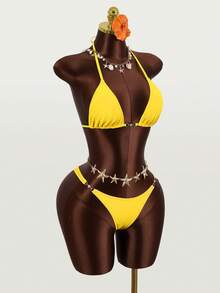Zestiva Women's Summer Beach Solid Color Halter Tied Sexy Bikini Swimsuit Set - Yellow - View 4