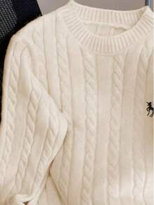 Autumn/Winter Casual Embroidered Crew Neck Cable Knit Sweater For Women, New Loose Cardigan Knitwear - Apricot - View 3