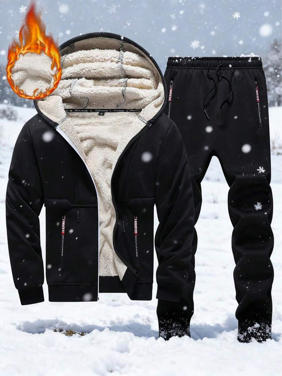 男士羊毛连帽夹克和运动裤套装，保暖隔热夹克搭配抽绳运动裤，是秋冬季节的理想之选。 - 黑色 - 查看 1