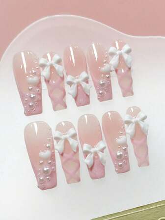 10片/套 手工按压式美甲片，长款棺材形美甲，粉色法式美甲，粉色芭蕾舞式美甲，白色蝴蝶结装饰，珍珠装饰，粉色美甲，可爱美甲，长款美甲，可拆卸假指甲，美甲用品，美甲艺术，适合派对、舞蹈、日常佩戴、学生聚会，按压式可重复使用，配有果冻胶和指甲锉，DIY美甲用品