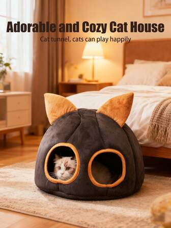  1 pieza HUITAIYANG Cama para mascotas, Nido para mascotas, Casa para gatos, Nido de cueva pequeña para gatos con cojín, Casa para mascotas cálida y acogedora, Cama de invierno extraíble y lavable, Casa para perros cubierta, Túnel de juego para gatos para otoño/invierno, Decoración de orejas grandes Casa de mascotas para días festivos, Decoración navideña