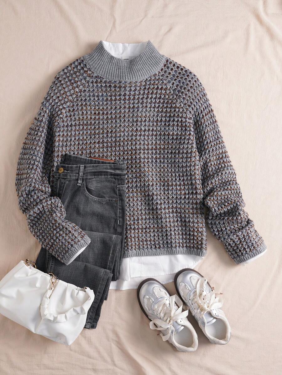 女士几何渐变针织套头毛衣 - 长袖舒适针织衫，适合秋冬季节 | 休闲日常穿着，面料柔软 - 灰織雜 - 查看 1