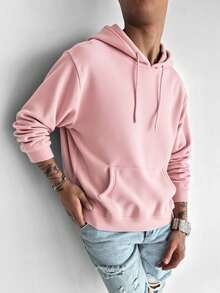 GRDR Men's Solid Color Long Sleeve Drawstring Hooded Sweatshirt With Pocket - Pink - View 2