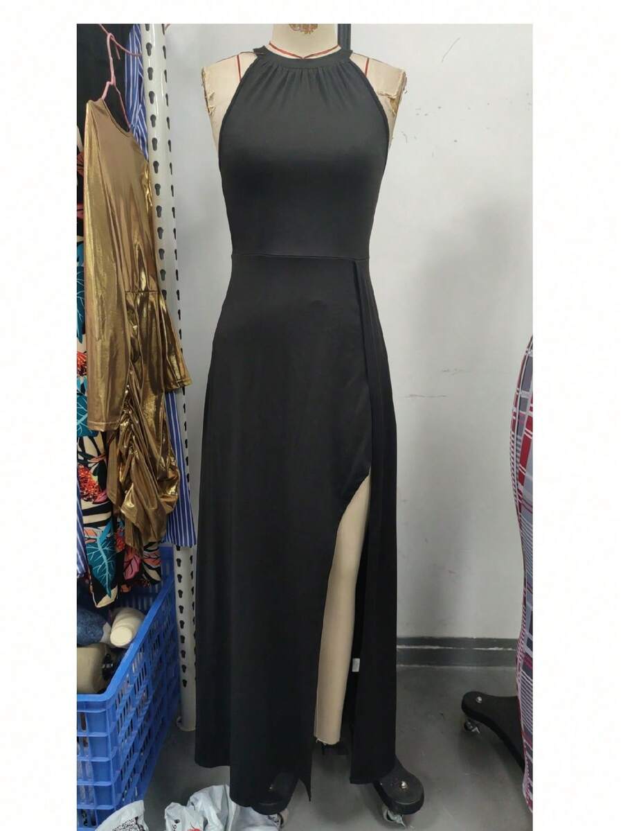 女士优雅纯色开衩露背正式鸡尾酒会礼服、派对礼服、婚礼宾客礼服