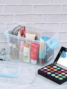 4pcs Desk Storage Display Boxes - Capacity 0.5L/0.6L/0.7L/0.8L - Blue Transparent Boxes With Handles (A: 13.7*10.5*7.5cm, B: 15*11.3*8.3cm, C: 17*11.9*8.8cm, D: 18.5*13.3*9.4cm)