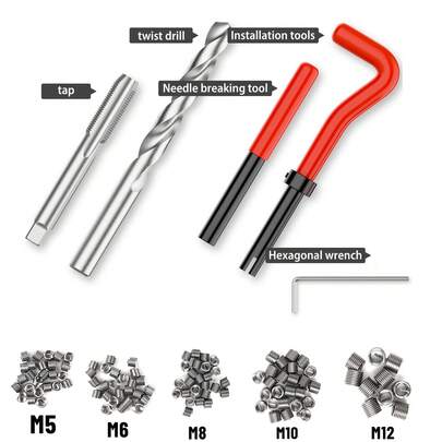 JAOSY Kit di riparazione filettature da 131 pezzi con utensili Helicoil per filettature M5, M6, M8, M10 e M12 | Inserti, manicotti, inserti filettati, maschi e punte da trapano