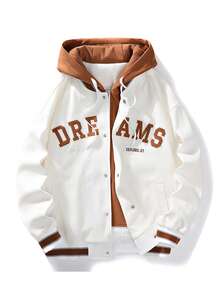 Men Plus Long Sleeve Embroidery Letter Pattern Striped Trim Drop Shoulder Drawstring Hooded Jacket, For Fall - White - View 10