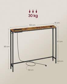 VASAGLE Tavolo Consolle con Stazione di Ricarica, Tavolo Stretto Dietro Divano, 15 x 100 x 80 cm, 1 Gancio, Montaggio Facile, Ingresso, Soggiorno, Marrone Vintage e Nero Inchiostro - Marrone ruggine - Visualizzare 5