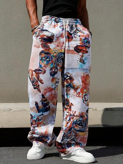 Men's Random Print Retro Hip Hop Sweatpants, Casual Loose Straight Leg Pants, Autumn/Winter Men Drawstring Sports Trousers
