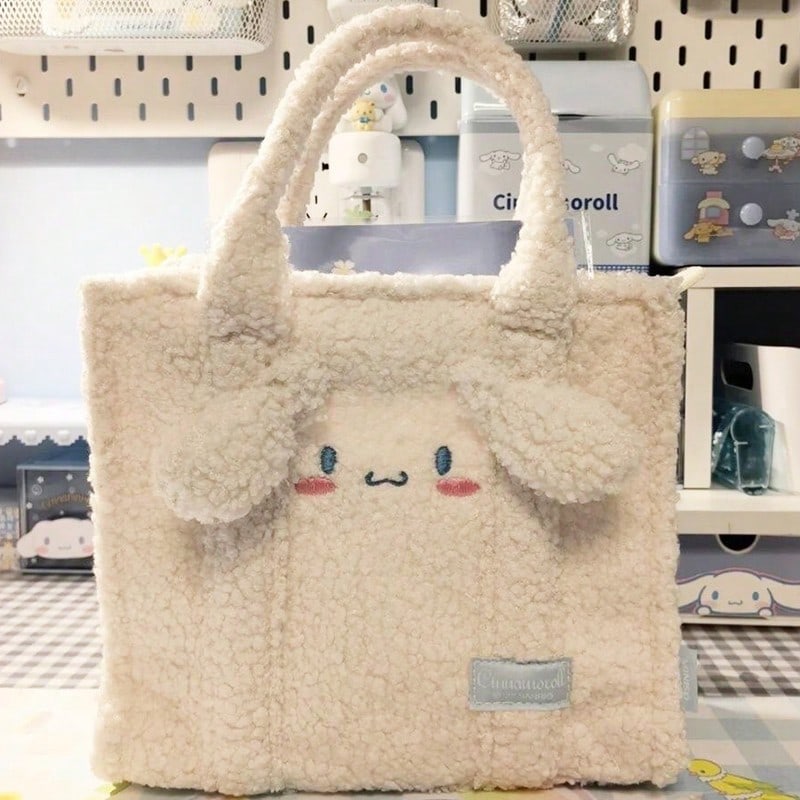 Miniso Cute Kuromi Plushie Bag, Fluffy Soft Sanrio Tote Purse For Daily Use, Kawaii Plush Handbag For Girls - White - View 1