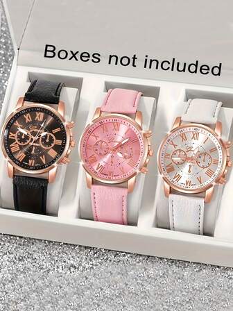 优雅罗马数字PU皮女士石英腕表套装 - 送给妈妈、女友、女儿的完美礼物，适合生日、圣诞节、万圣节、开学季 - 时尚圆形表壳，指针式显示，PU皮表带，锌合金表壳，石英机芯，电池供电