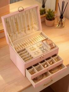 带锁首饰收纳盒，多层柔软绒面材质，米色/黑色/白色可选，防刮防尘盖，适用于戒指、项链、手镯、耳环等，优雅的女士首饰礼物，生日、婚礼、圣诞节礼物，桌面装饰，项链架，时尚展示，经久耐用，新娘配饰，首饰柜，首饰展示，经典设计，装饰收纳，防尘盒，戒指架，多层柜，女士首饰 - 彩色 - 查看 6