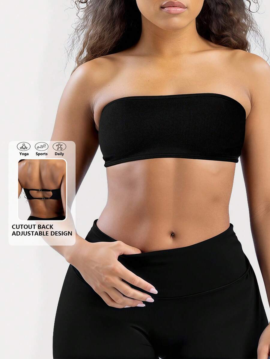 DINBEY Women's Backless Bandeau Sports Bra - Padded Seamless Wireless Solid Color Fitness Yoga Top Black Spring - Black - View 1