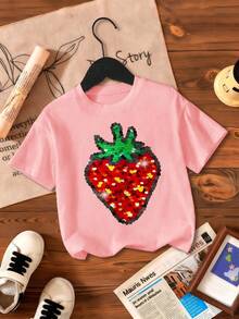 Young Girl Strawberry Print Round Neck Short Sleeve Casual Versatile T-Shirt - Pink - View 2