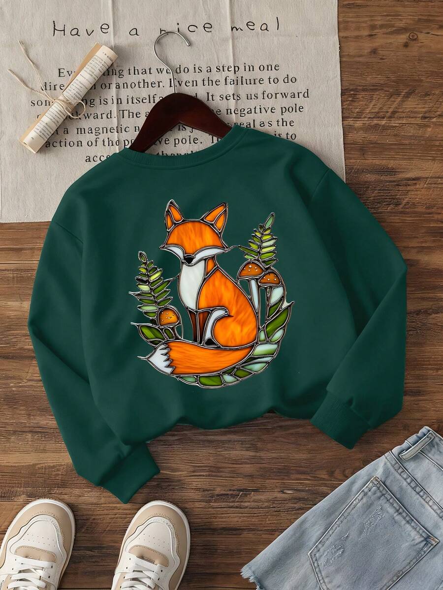 Girls' Clothes Children's Green Hooded Sweatshirt With Stained Glass Style Fox Print, Cute And Fashionable, Suitable For Leisure Sports, Parties - Green - View 1