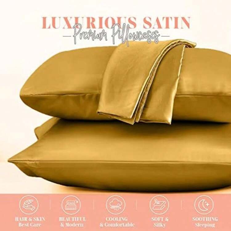 Elegant Comfort - Juego de Funda de Almohada de satén de 2 Piezas para una Piel y Cabello más saludables, Cierre de Cierre Oculto y bellamente empaquetado, Juego de Funda de Almohada de satén, tamaño(Dorado King) - Multicolor - Añade 2