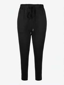 Pantalones rectos de unicolor, cómodos y casuales, con cintura elástica y cordón para mujer, color negro, para primavera - Negro - Ver 4