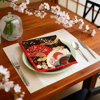 Japanese-Style Party Decorations, 20 Disposable Party Napkins, Asian Japanese-Style Paper Fans And Paper Products, Birthday Decorations, 6.5 Inches In Size, Disposable Party Supplies, Event Decorations, Asian Theme, Traditional Design, Handcrafted Appearance, Lightweight Materials, Decorative Fans, Party Hosts,DIY Enthusiasts