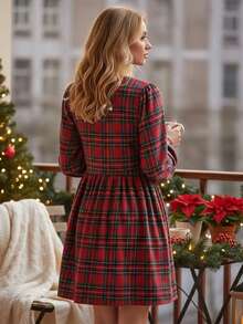 Women Plaid Long Sleeve Dress Casual Tie Front Round Neck A-Line Mini Ruffled Dress For Fall Spring - Red - View 6