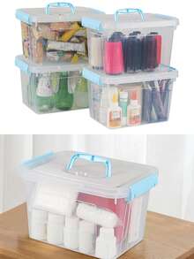 4pcs Desk Storage Display Boxes - Capacity 0.5L/0.6L/0.7L/0.8L - Blue Transparent Boxes With Handles (A: 13.7*10.5*7.5cm, B: 15*11.3*8.3cm, C: 17*11.9*8.8cm, D: 18.5*13.3*9.4cm)