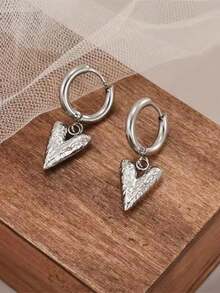 1 Đôi bông tai mặt dây chuyền hình trái tim bằng bạc, trang sức tối giản, quà tặng cho phụ nữ - Bạc - Xem 2