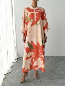 1pc Women's Arabic Abaya Dress, Autumn/Winter Orange Placement Print, Stand Collar, Single-Breasted, Raglan Sleeve, Oversized Long Casual Dress, Elegant Arabic Robe, Luxury Holiday Party Gown, Perfect New Year Gift For Mom, Daughter, Wife, Girlfriend Vacation Spring - Orange - View 5