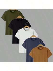 Set Of 5 Men's Basic Plain Cotton Unisex T-Shirts, Lightweight Everyday Casual Wear - Nhiều màu - Xem 3