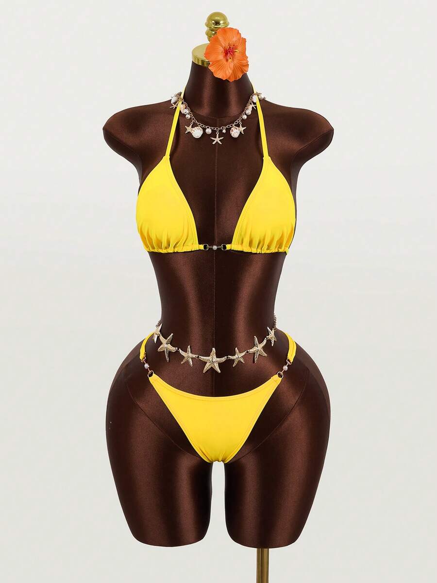 Zestiva Women's Summer Beach Solid Color Halter Tied Sexy Bikini Swimsuit Set - Yellow - View 1