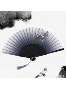 1pc Retro Style Black Fabric Double-Sided Folding Fan With Chinese Dragon Ink Painting Design Summer Cooling,Beach,Travel