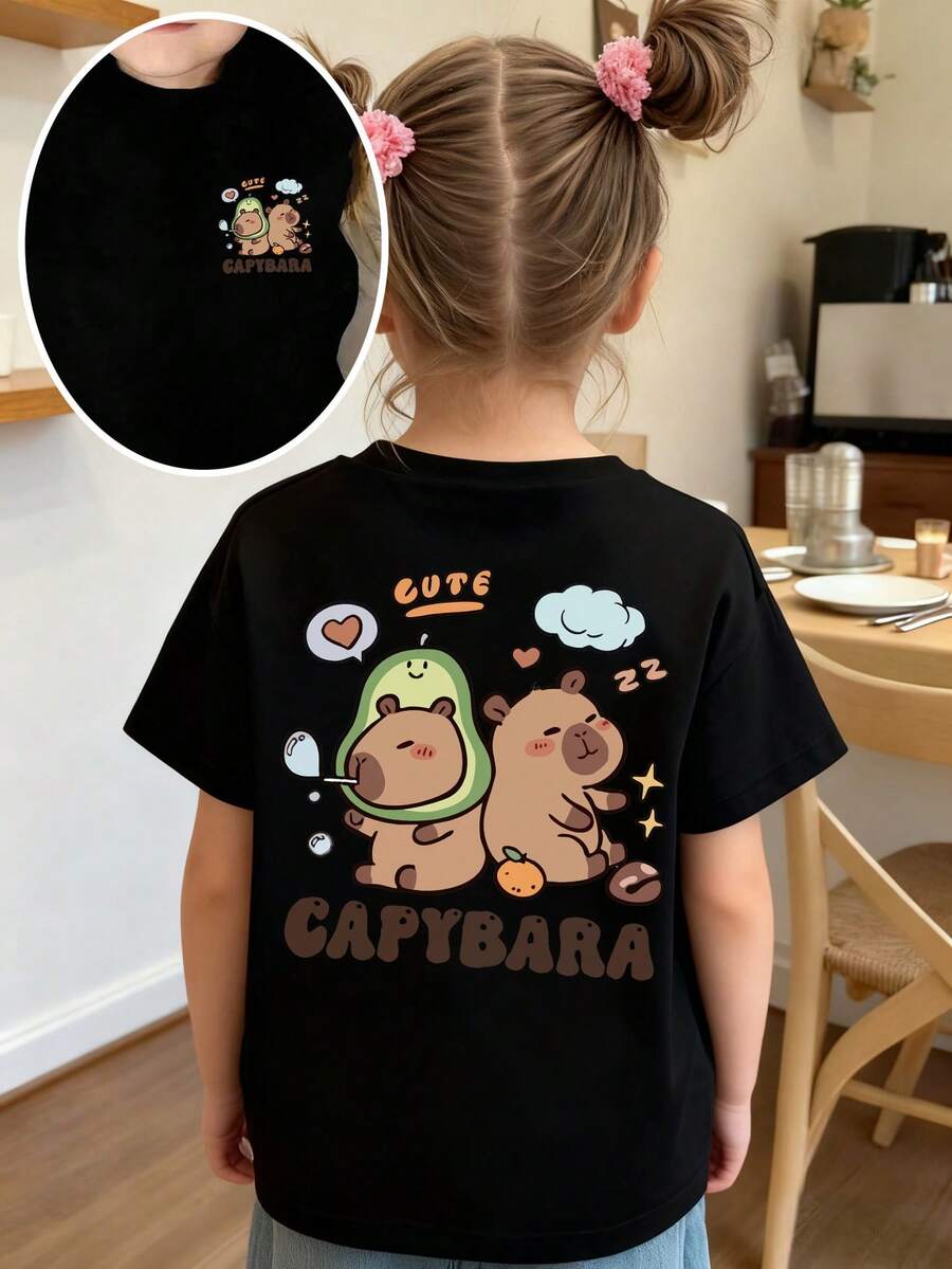 Young Girl Letter & Pineapple Print Round Neck Short Sleeve Casual Versatile T-Shirt - Black - View 1