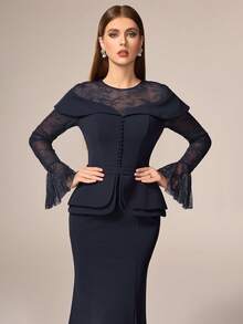 VIPGIRL Đầm maxi dáng đuôi cá sang trọng, thanh lịch dành cho nữ, được trang trí bằng ren tương phản và tay áo loe, hoàn hảo cho các dịp trang trọng, ngày Valentine, đám cưới, tiệc mùa xuân. - Màu xanh hải quân - Xem 9