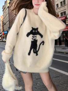 JIANHU Round Neck Cute Cat Jacquard Plush Long Sleeved Women's Sweater - White - View 2
