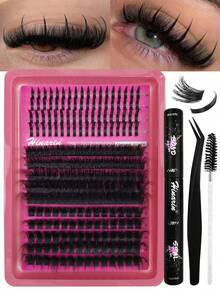 Hinarin 237 Pcs D Curl Individual Lashes Kit Fluffy Spiky+100D+120D Mixed Individual Eyelashes Extensions 12-20mm Mixed Volume Pointed Cluster Lashes Reusable Thick Soft Lash Clusters Kit With Lash Brush Glue And Tweezers Suitable For Daily Party Travel And All Occasions - 黑色 - 查看 1