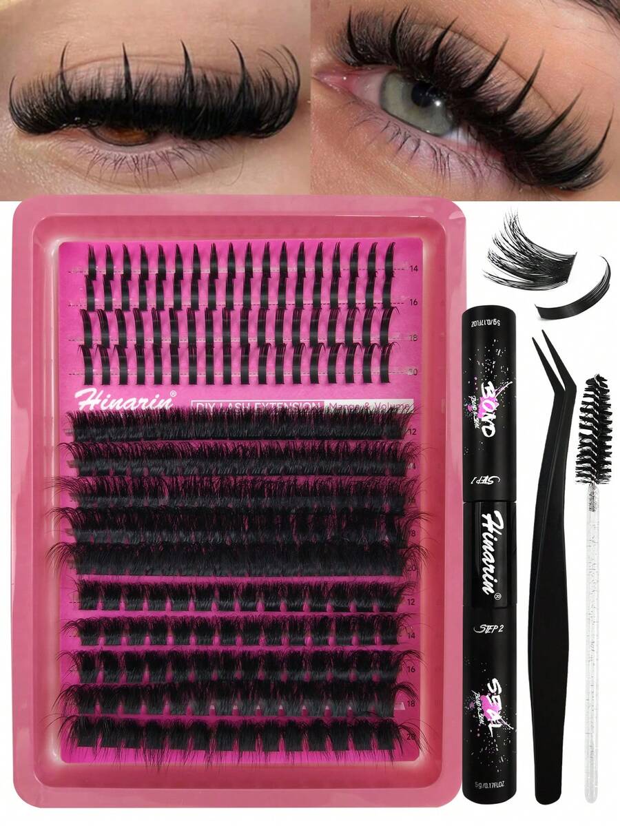 Hinarin 237 Pcs D Curl Individual Lashes Kit Fluffy Spiky+100D+120D Mixed Individual Eyelashes Extensions 12-20mm Mixed Volume Pointed Cluster Lashes Reusable Thick Soft Lash Clusters Kit With Lash Brush Glue And Tweezers Suitable For Daily Party Travel And All Occasions - 黑色 - 查看 1